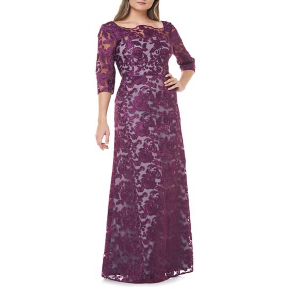 JS Collections Scallop Neck Embroidered Lace Gown